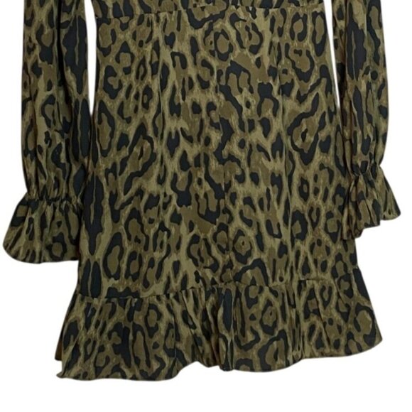 Buddy Love Olive Green Leopard Print Long Sleeve Ruffle Hem Dress Size S V-Neck - Picture 4 of 6
